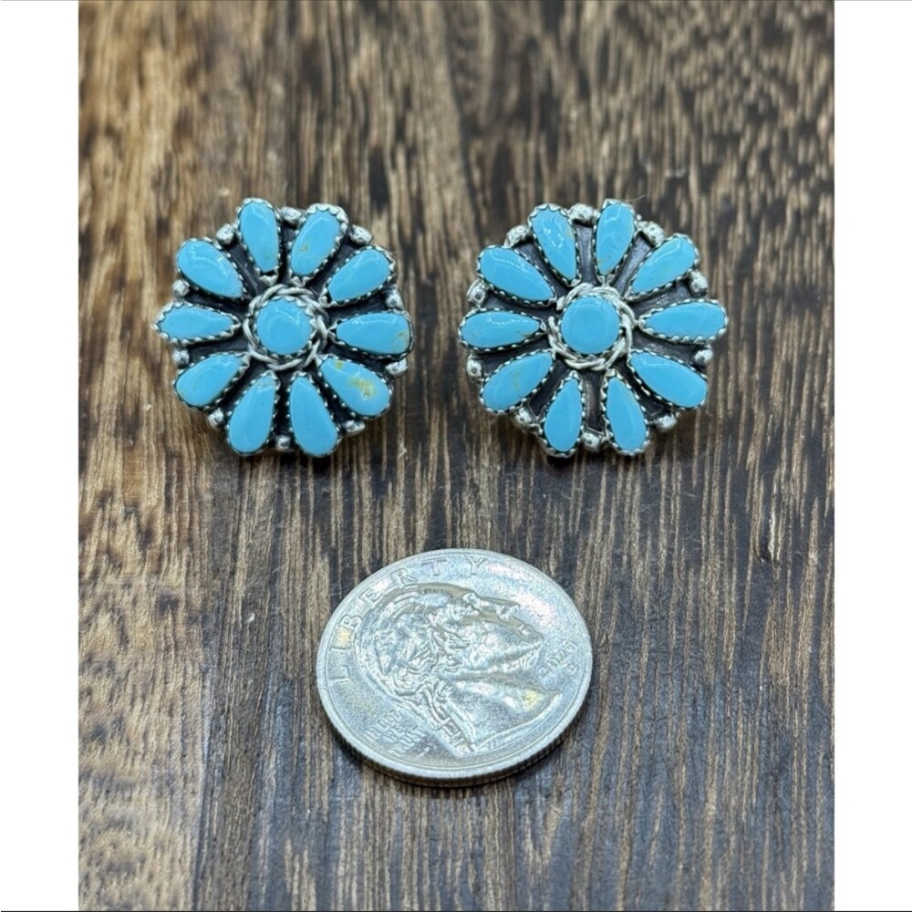 Native American Navajo handmade sterling silver turquoise cluster earrings.
